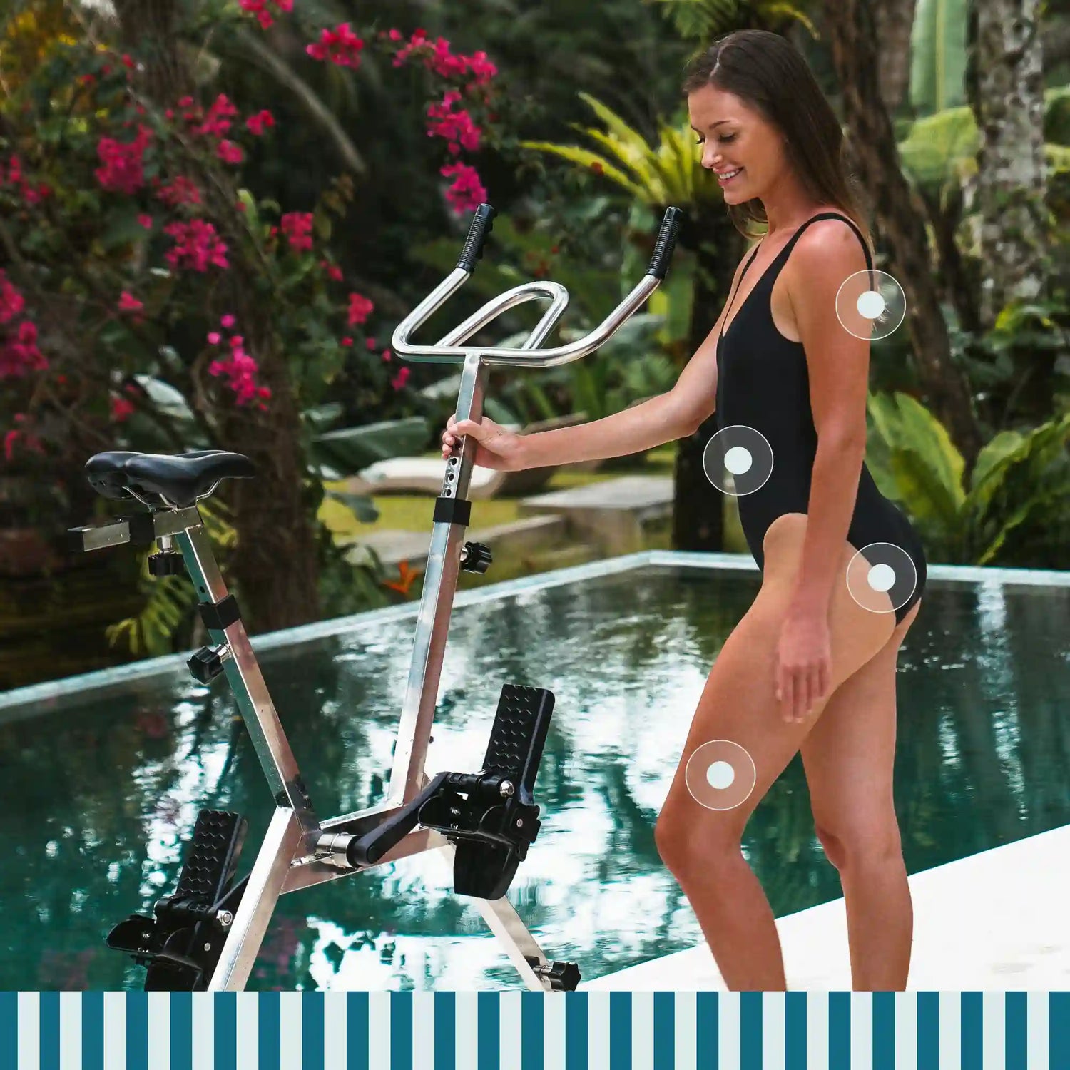 Vrouw traint met de Lovee Aquabike voor een slanker silhouet en een stevig lichaam