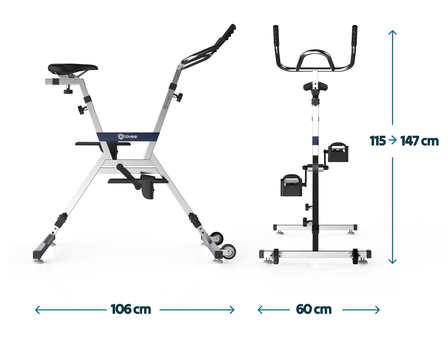 Schéma dimensions aquabike Lovee avec mesures détaillées et vue technique